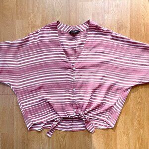 Express red and white stripe top with front tie, buttons, dolman sleeves (XS)